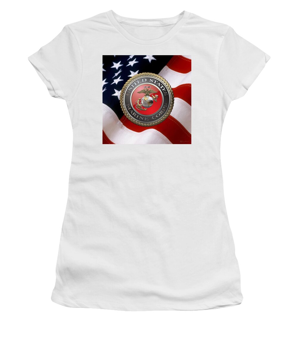 'military Insignia & Heraldry 3d' Collection By Serge Averbukh Women's T-Shirt featuring the digital art U S M C Emblem over American Flag by Serge Averbukh