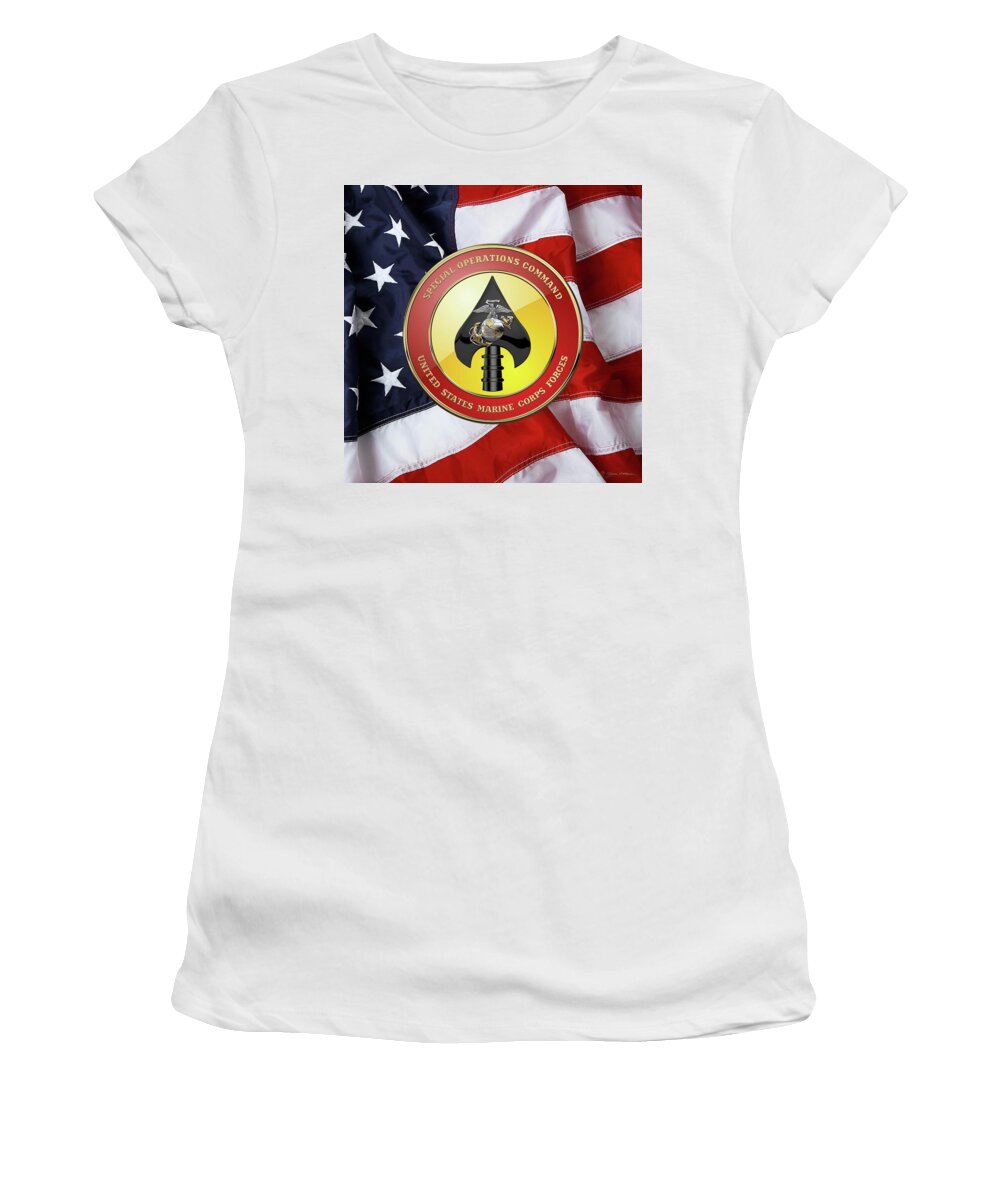 'military Insignia & Heraldry' Collection By Serge Averbukh Women's T-Shirt featuring the digital art U S M C Forces Special Operations Command - M A R S O C    Seal over American Flag by Serge Averbukh