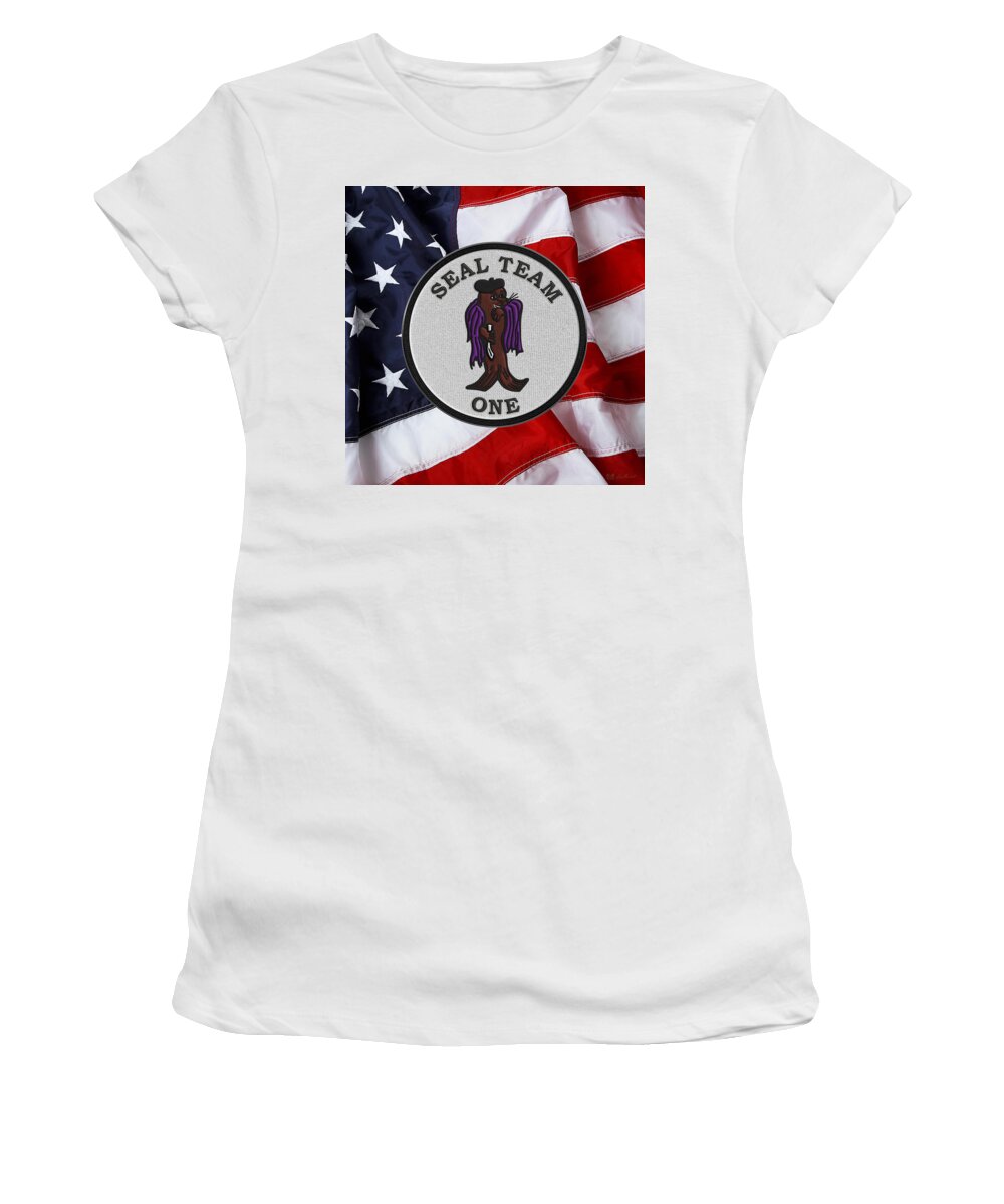 'military Insignia & Heraldry - Nswc' Collection By Serge Averbukh Women's T-Shirt featuring the digital art U. S. Navy S E A Ls - S E A L Team One - S T 1 Patch over U.S. Flag by Serge Averbukh