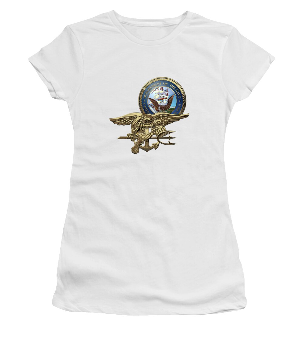 'military Insignia & Heraldry 3d' Collection By Serge Averbukh Women's T-Shirt featuring the digital art U. S. Navy S E A Ls Trident over White Leather by Serge Averbukh