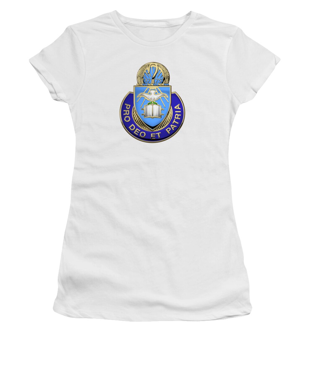 'military Insignia & Heraldry' Collection By Serge Averbukh Women's T-Shirt featuring the digital art U.S. Army Chaplain Corps - Regimental Insignia over White Leather by Serge Averbukh
