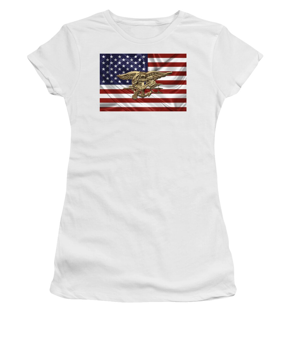 'military Insignia & Heraldry - Nswc' Collection By Serge Averbukh Women's T-Shirt featuring the digital art U.S. Navy SEALs Trident over U.S. Flag by Serge Averbukh