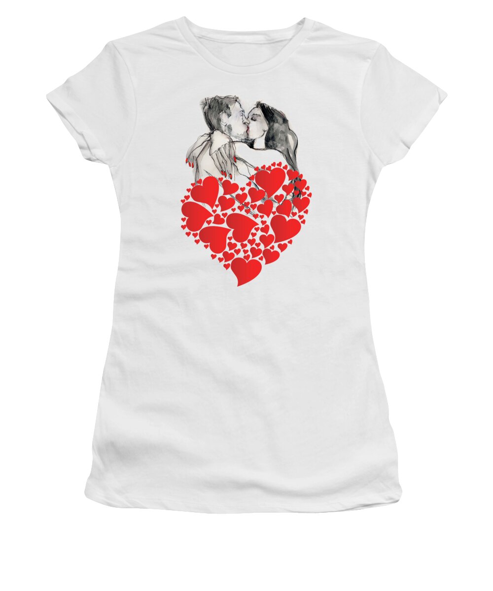 Valentine's Day Women's T-Shirt featuring the painting Valentine's Kiss - Valentine's Day by Carolyn Weltman