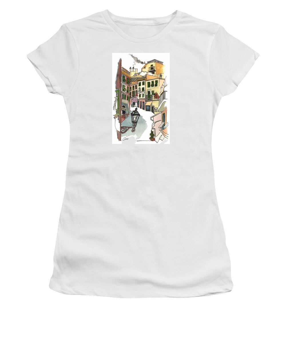 Italian Streetscape Women's T-Shirt featuring the painting Via Colombo Riomaggiore Cinque Terre by Joan Cordell