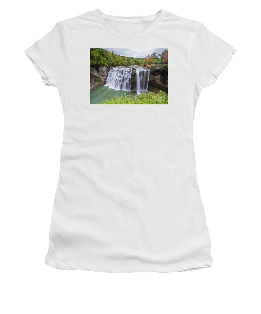 Waterfall Women's T-Shirt featuring the photograph View of Letchworth Middle Falls by Karen Jorstad