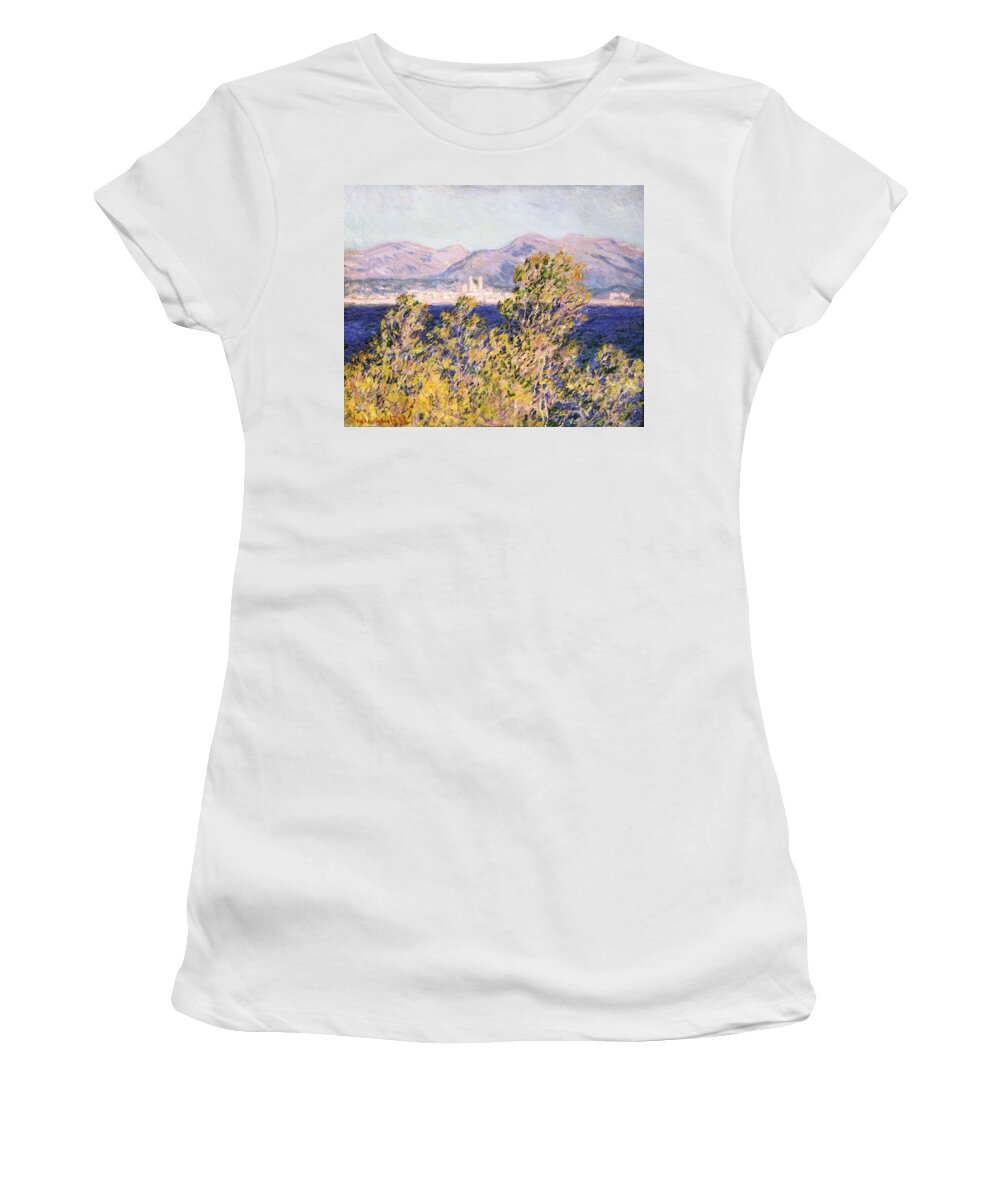 Impressionism; Impressionist; Landscape; Tree; Mountain; Wind; Sea; Ocean; Coast; Mediterranean; Cape; Gorse; Breeze; View Of The Cap D'antibes With The Mistral Blowing Women's T-Shirt featuring the painting View of the Cap dAntibes with the Mistral Blowing by Claude Monet