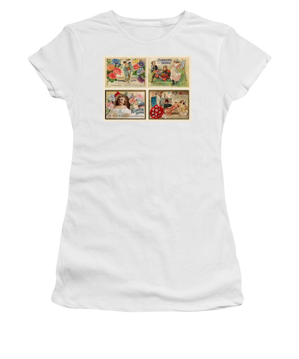 Vintage Women's T-Shirt featuring the drawing Vintage Flower Seed Packets by Peggy Collins