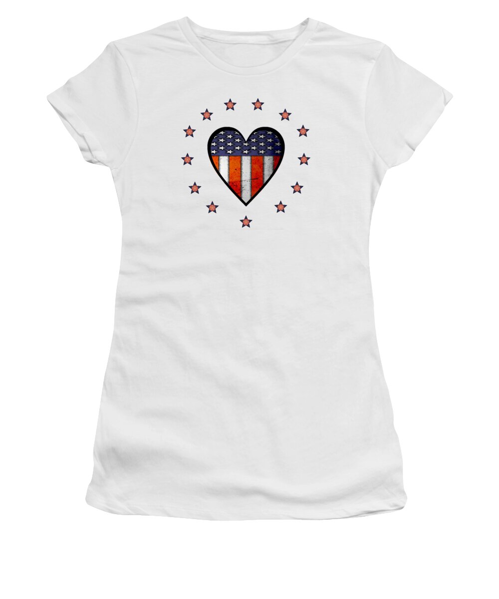 Patriotic; Usa; Flag; Heart; Symbolic; Vintage Flag; Stars; Freedom; America; American; United States Of America; Love; Us Heart Flag; Vintage; Red; White; Blue; Mark Kiver; 13; Thirteen; 12 Stars; Stars And Stripes; Vintage Patriotic Heart; Liberty; Love America; American Heart Women's T-Shirt featuring the digital art Vintage Patriotic Heart by Mark Kiver