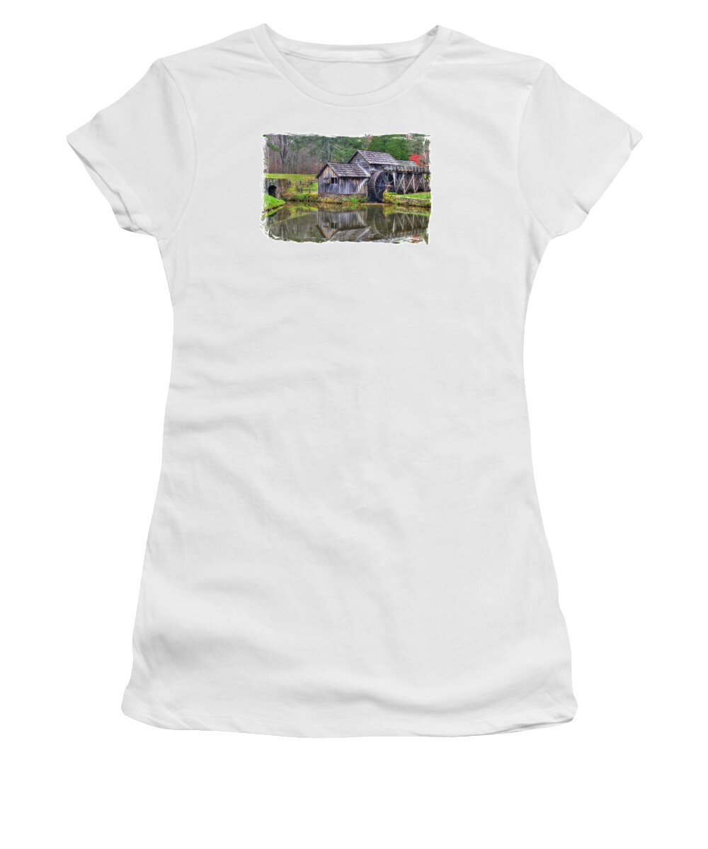 Mabry Mill Women's T-Shirt featuring the photograph Virginia Country Roads - Mabry Mill, Autumn - Blue Ridge Parkway, Floyd County by Michael Mazaika