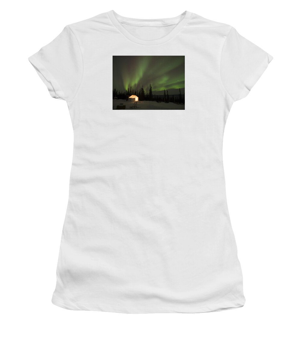 Alaska Women's T-Shirt featuring the photograph Wall Tents and Aurora by Ian Johnson
