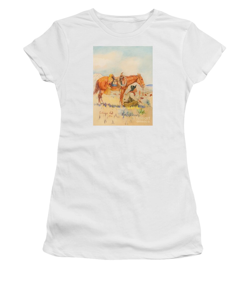 E. William Gollings (1878-1932) Watching The Herd (1910) Women's T-Shirt featuring the painting Watching the Herd by Celestial Images