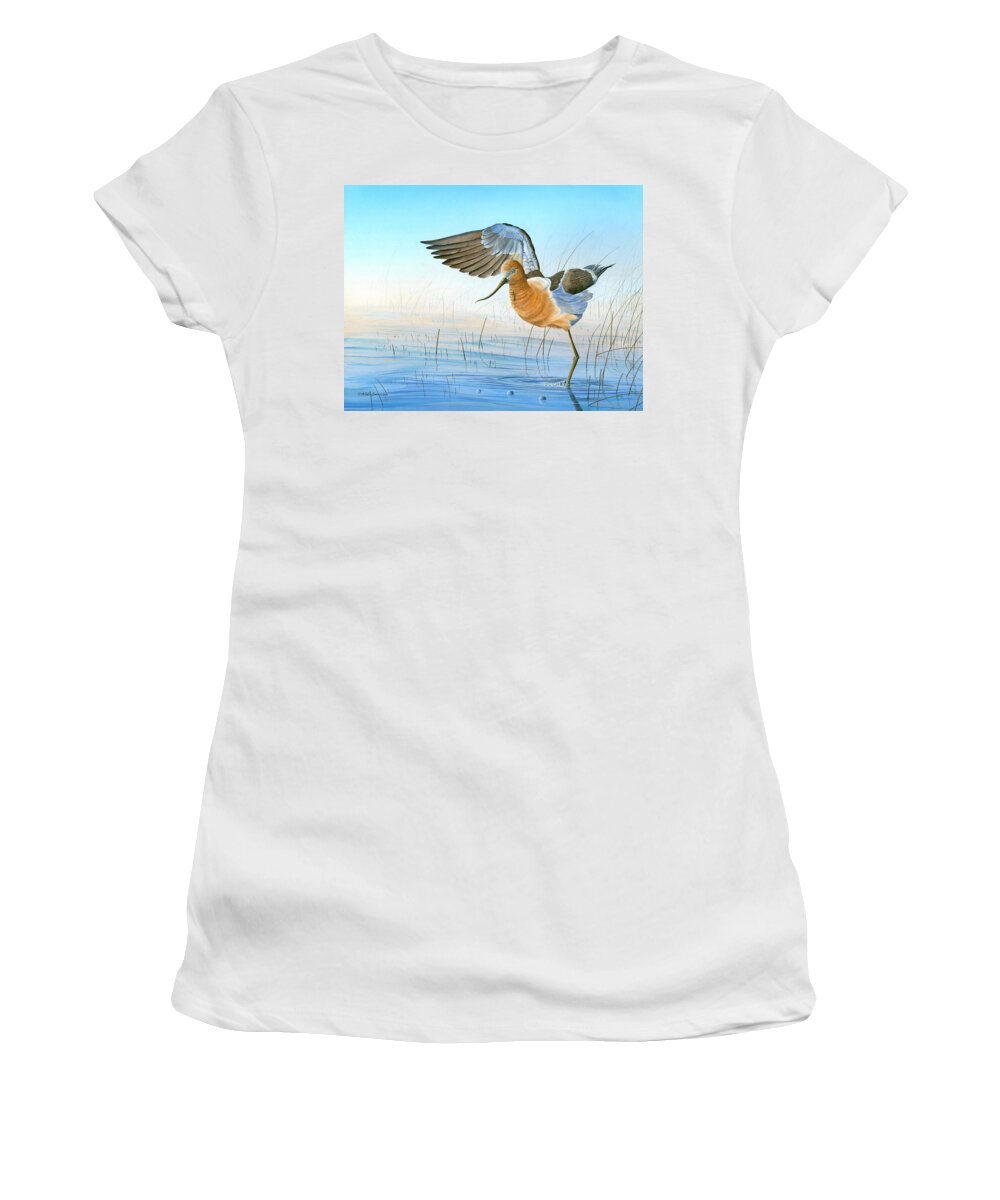 American Avocet Women's T-Shirt featuring the painting Water Ballet by Mike Brown