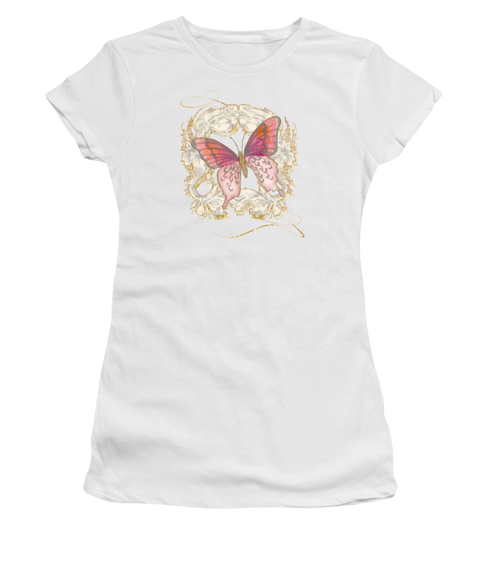 Vintage Women's T-Shirt featuring the painting Watercolor Butterfly with Vintage Swirl Scroll Flourishes by Audrey Jeanne Roberts