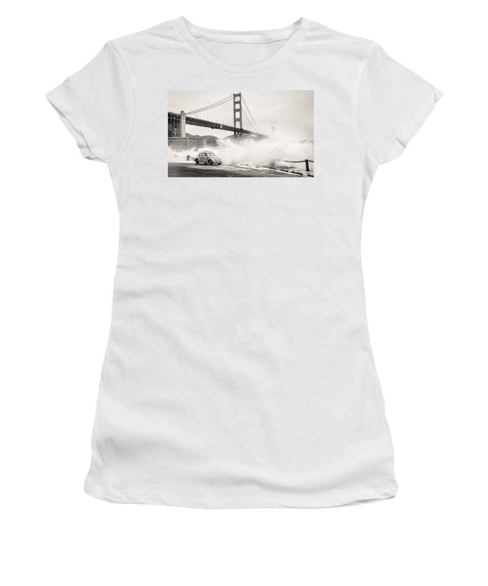 Richard Kimbrough Women's T-Shirt featuring the photograph Waves Crash over a Vintage Beetle in Front of the Golden Gate Bridge San Francisco California BW by Richard Kimbrough