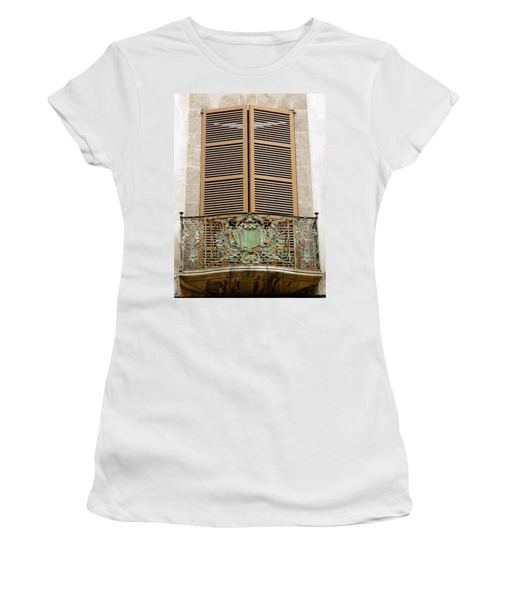 Balcony Women's T-Shirt featuring the photograph Weathered Ornate Balcony In Palma Majorc Spain by Rick Rosenshein