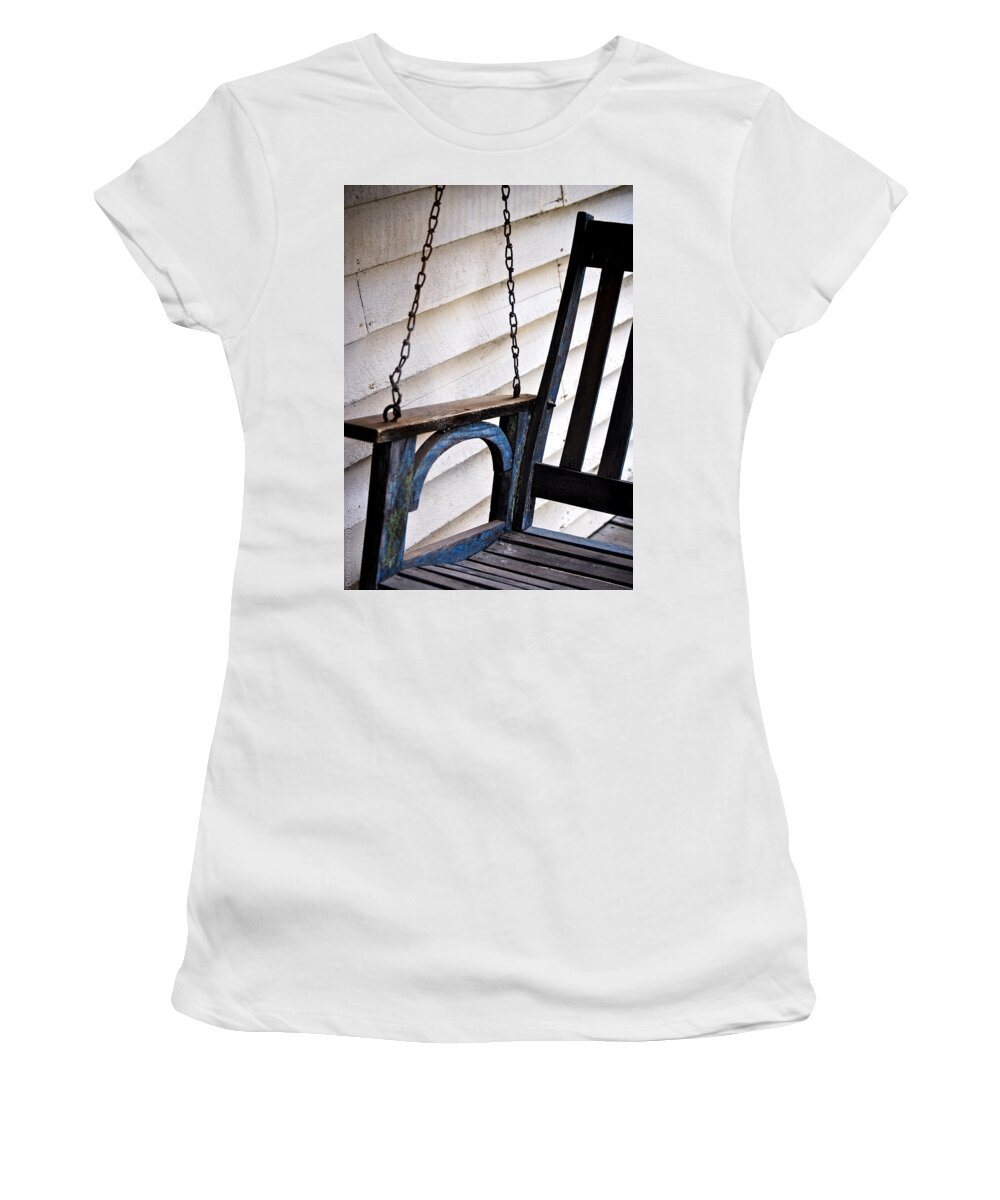 Porch Swing Women's T-Shirt featuring the photograph Weathered Porch Swing by Debbie Karnes