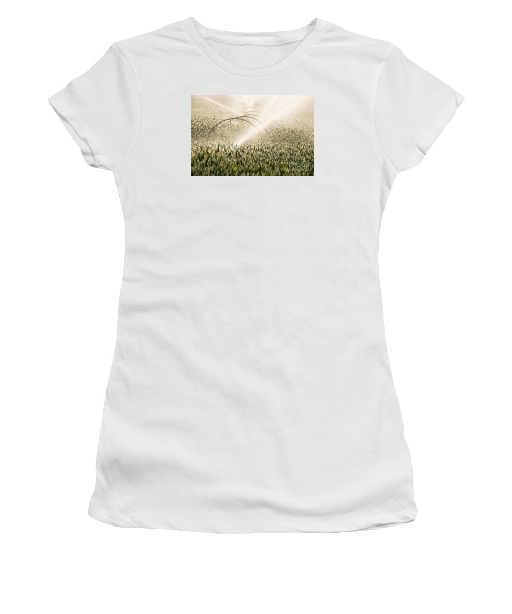 Agricultural Women's T-Shirt featuring the photograph Wheat Crop Being Irrigated in Central Oregon by Bryan Mullennix