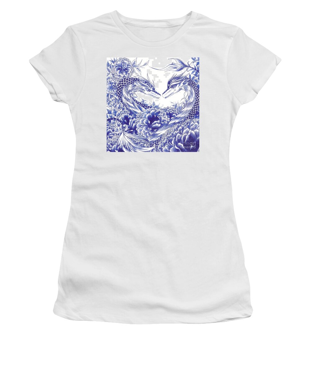 Dragon Women's T-Shirt featuring the drawing When Our Eyes Meet by Alice Chen