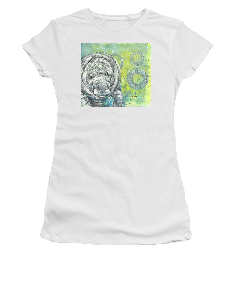 Manatee Women's T-Shirt featuring the mixed media Whimsical Manatee by AnneMarie Welsh