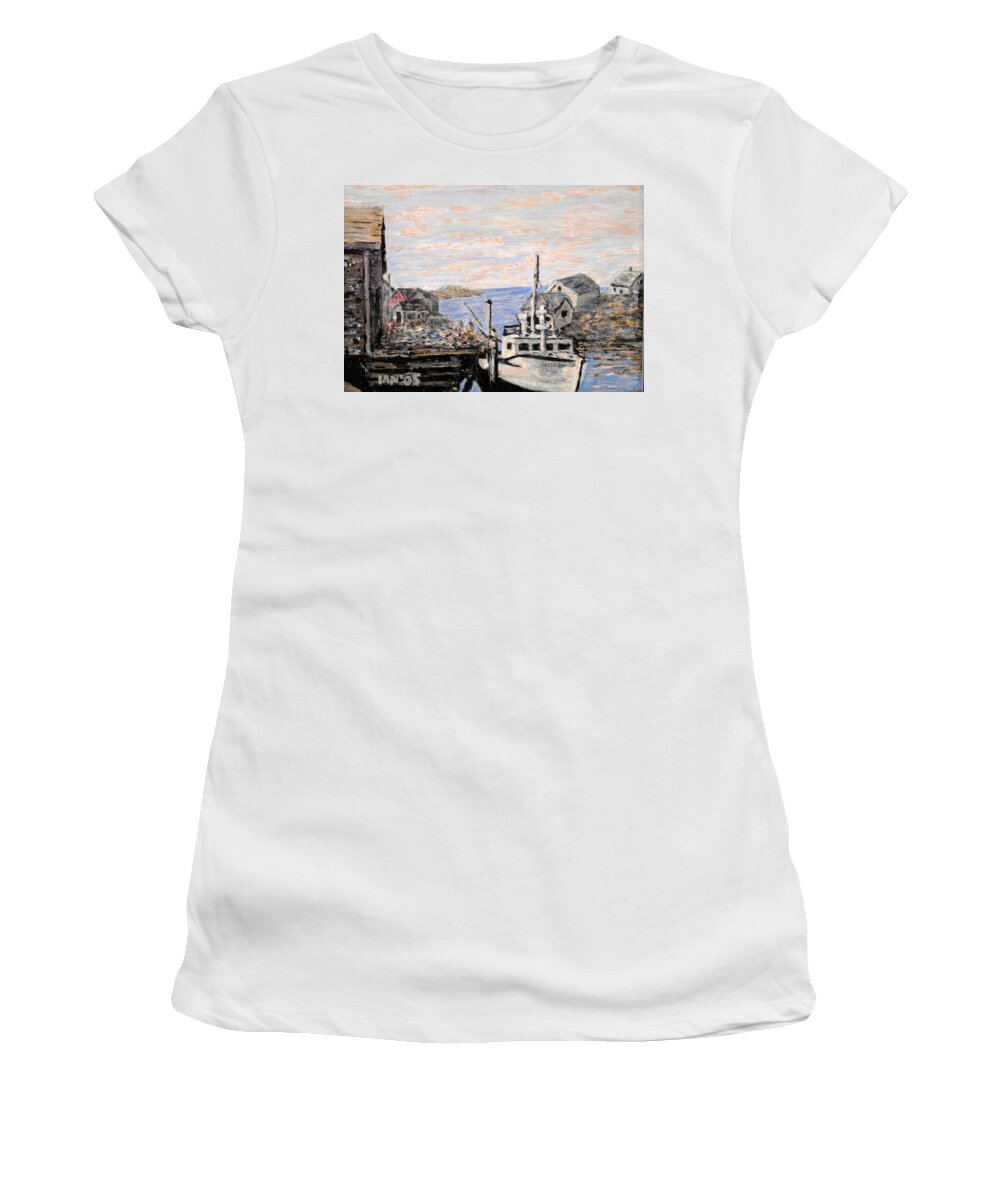 White Women's T-Shirt featuring the painting White Boat in Peggys Cove Nova Scotia by Ian MacDonald