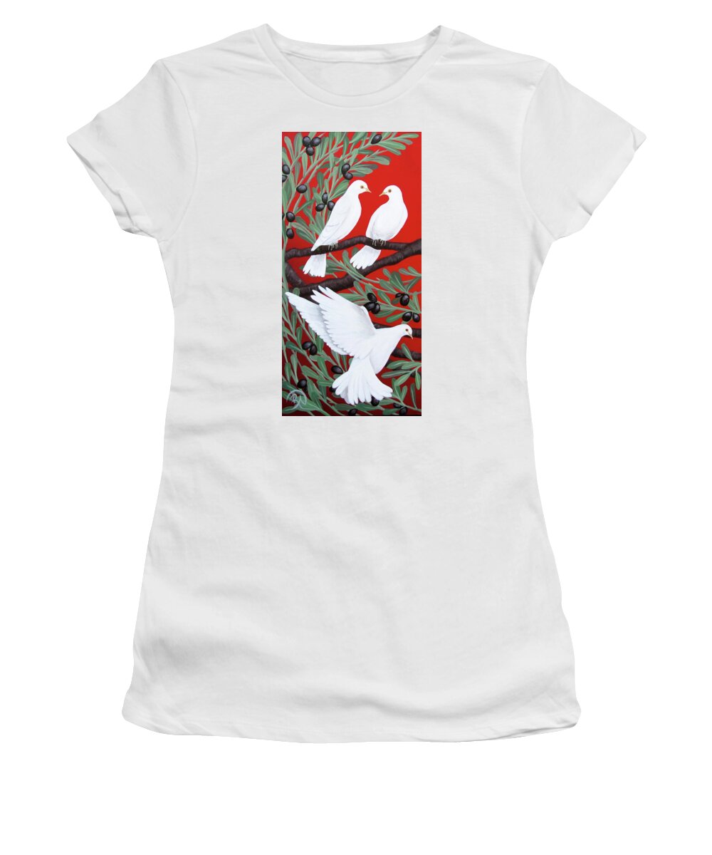 White Women's T-Shirt featuring the painting White Doves Among Olive Branches by Renee Noel