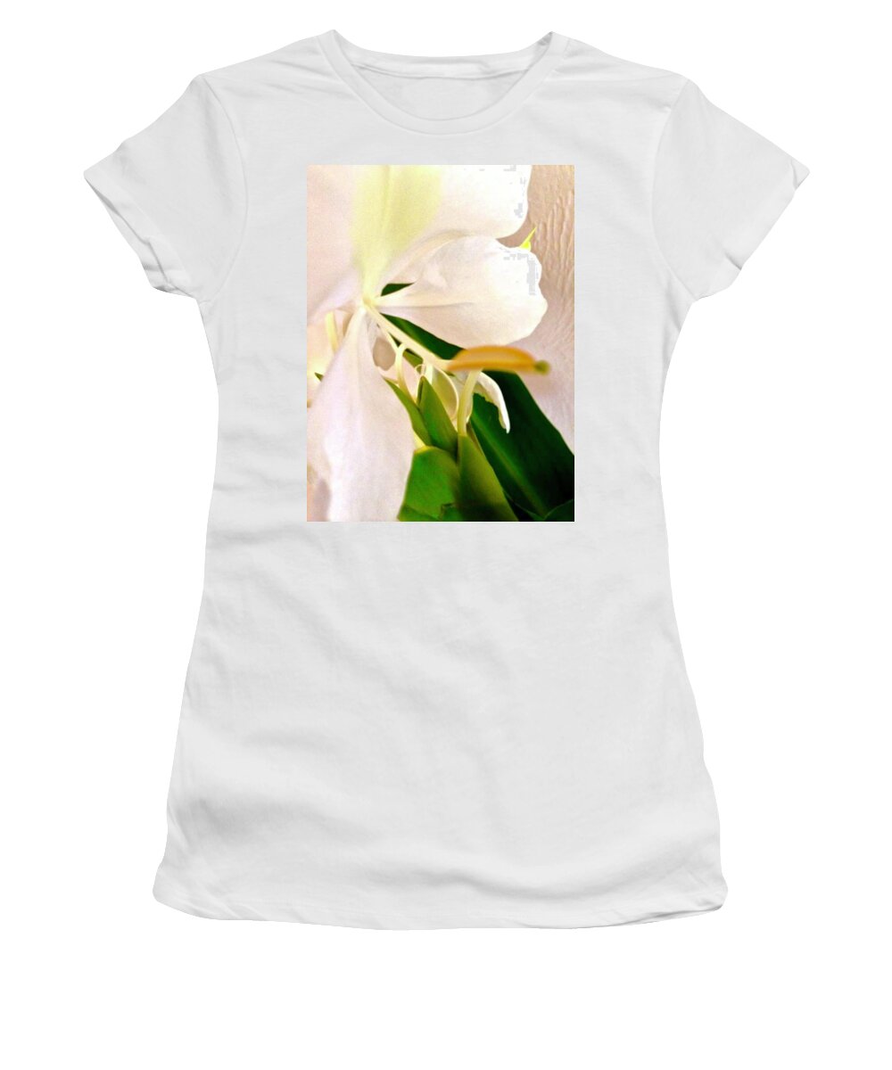 Flowers Of Aloha White Ginger Close Up Abstract Women's T-Shirt featuring the photograph White Ginger Close Up Abstract by Joalene Young