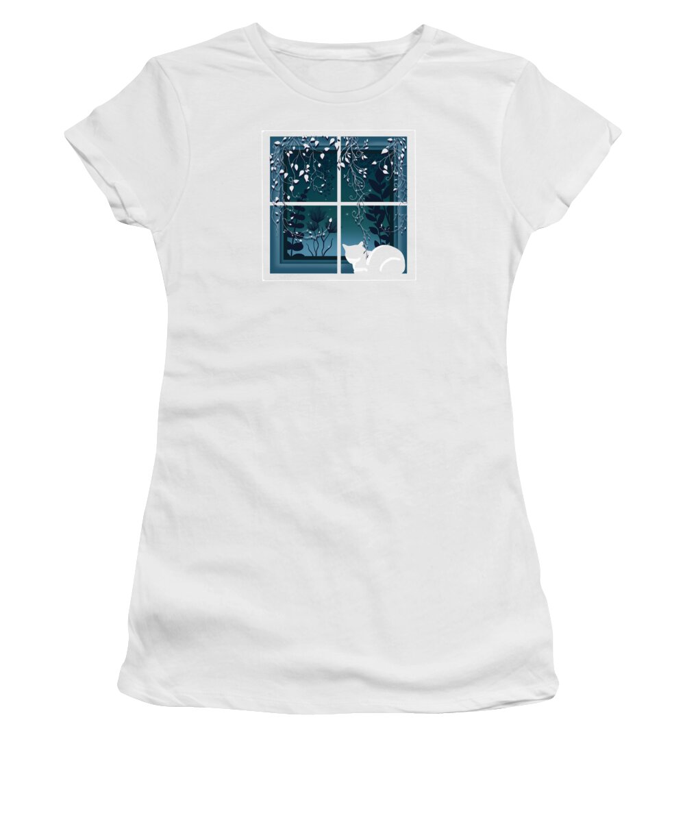 Painting Women's T-Shirt featuring the painting White Kitty Cat Window Watcher by Little Bunny Sunshine