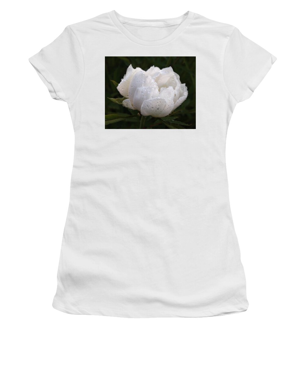 White Tree Peony Women's T-Shirt featuring the photograph White Peony Covered in Raindrops by Gill Billington