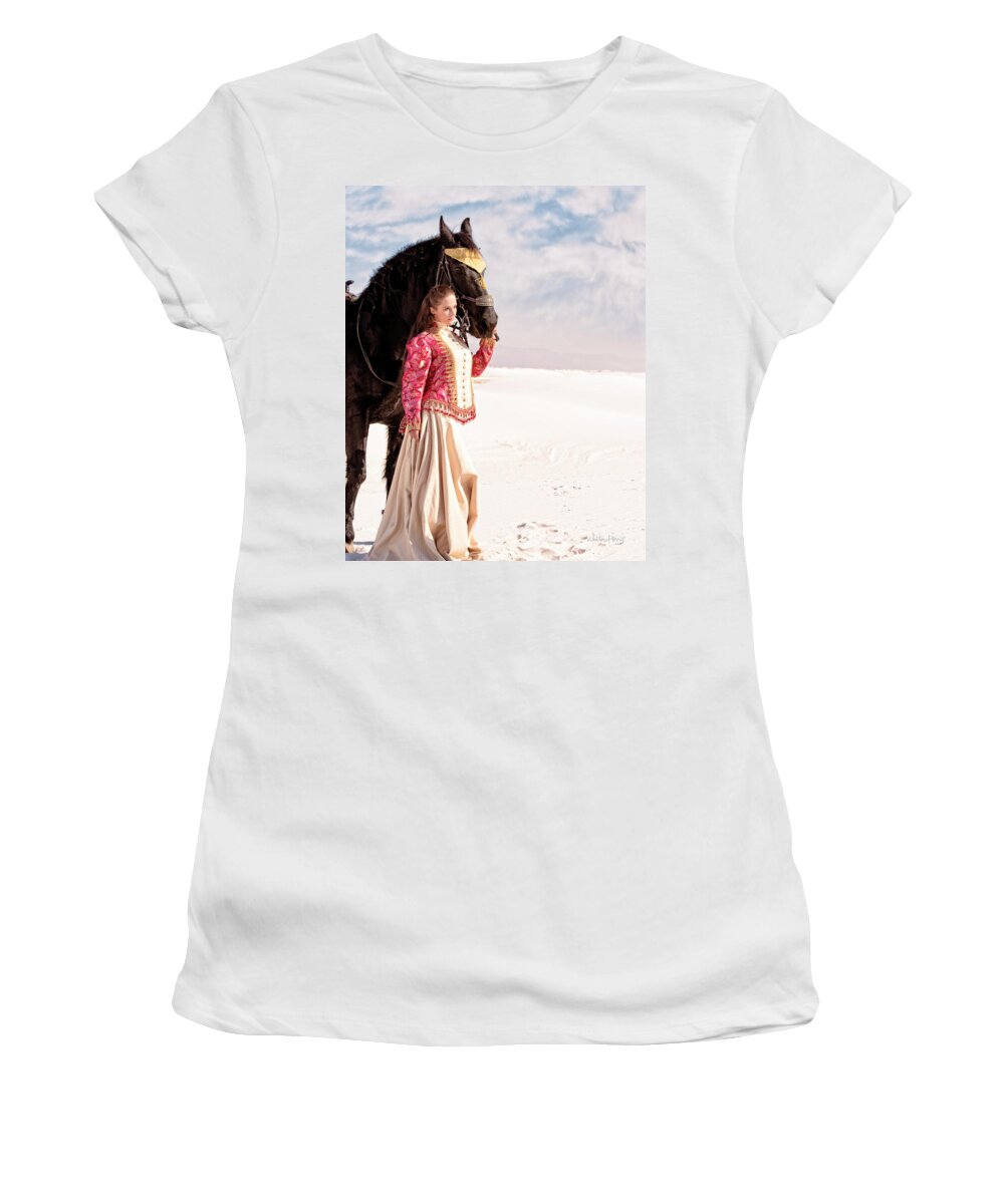 White Sands Women's T-Shirt featuring the photograph White Sands Horse and Rider #2a by Walter Herrit