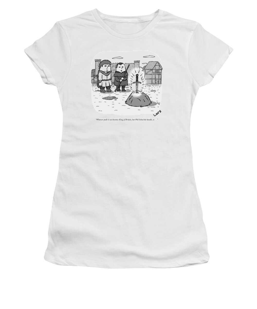 whoever Pulls It Out Becomes King Of Britain Women's T-Shirt featuring the drawing Whoever pulls it out becomes King of Britain by Lars Kenseth