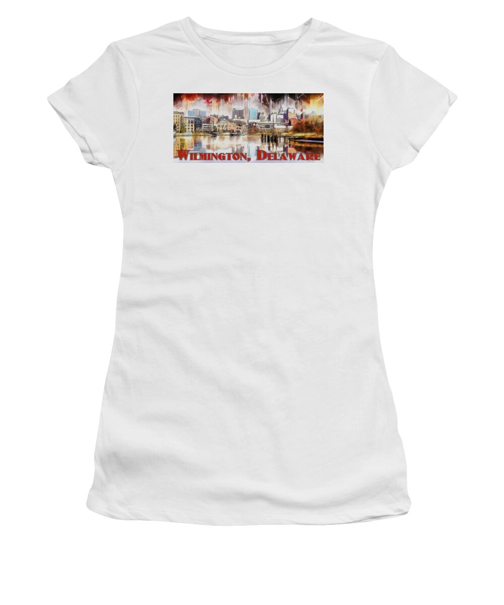 City Skyline Women's T-Shirt featuring the painting Wilmington City Lights by Kai Saarto