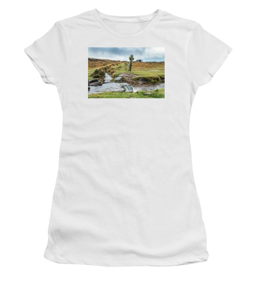 Windypost Cross Women's T-Shirt featuring the photograph Windypost Cross - Dartmoor by Joana Kruse