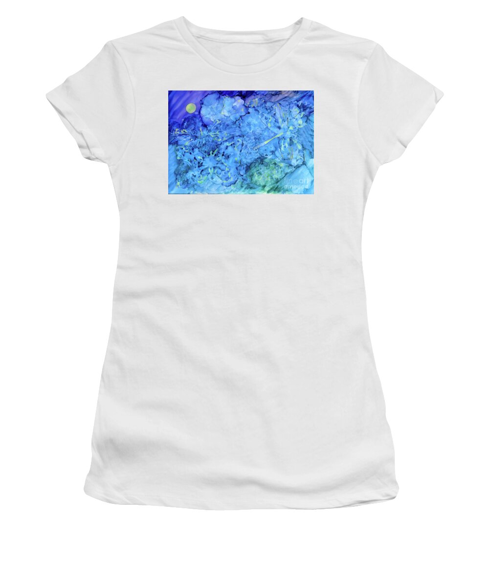 Dragonfly Women's T-Shirt featuring the painting Winged Chaos Under the Moon by Kerri Farley