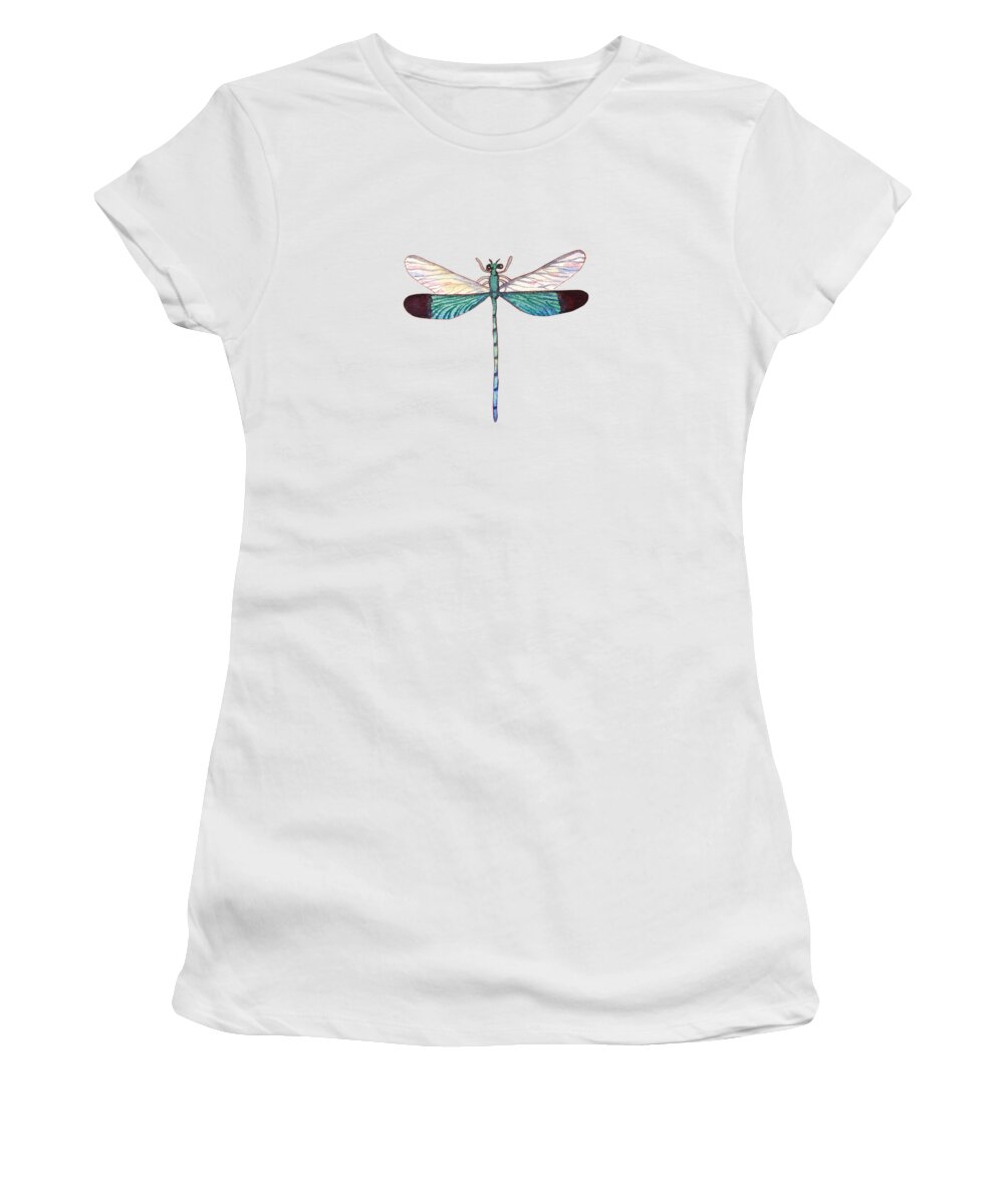 Tropical Women's T-Shirt featuring the painting Winged Jewels 1, Watercolor Tropical Dragonfly Aqua Blue Black by Audrey Jeanne Roberts