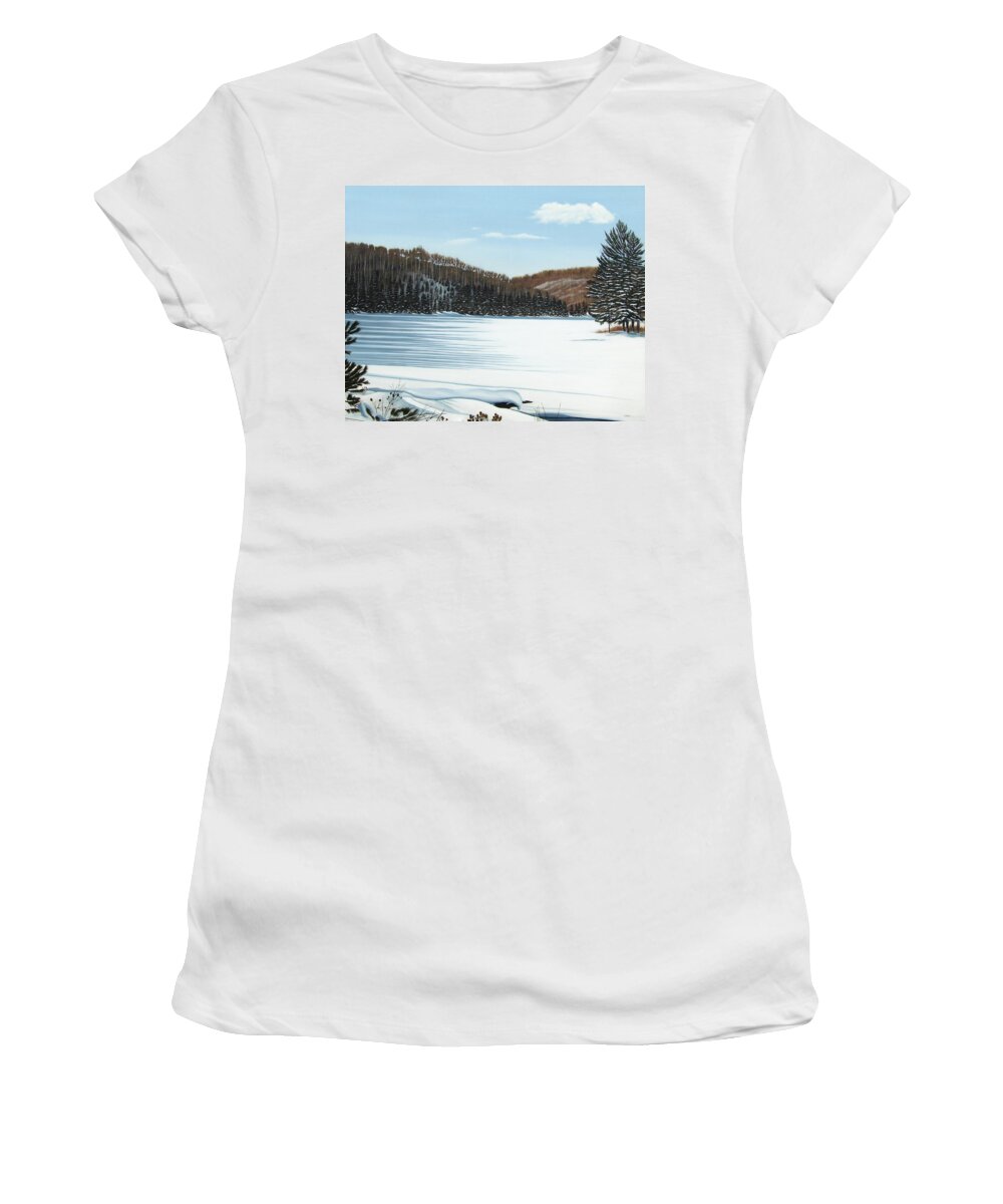 Landscapes Women's T-Shirt featuring the painting Winter on an Ontario Lake by Kenneth M Kirsch