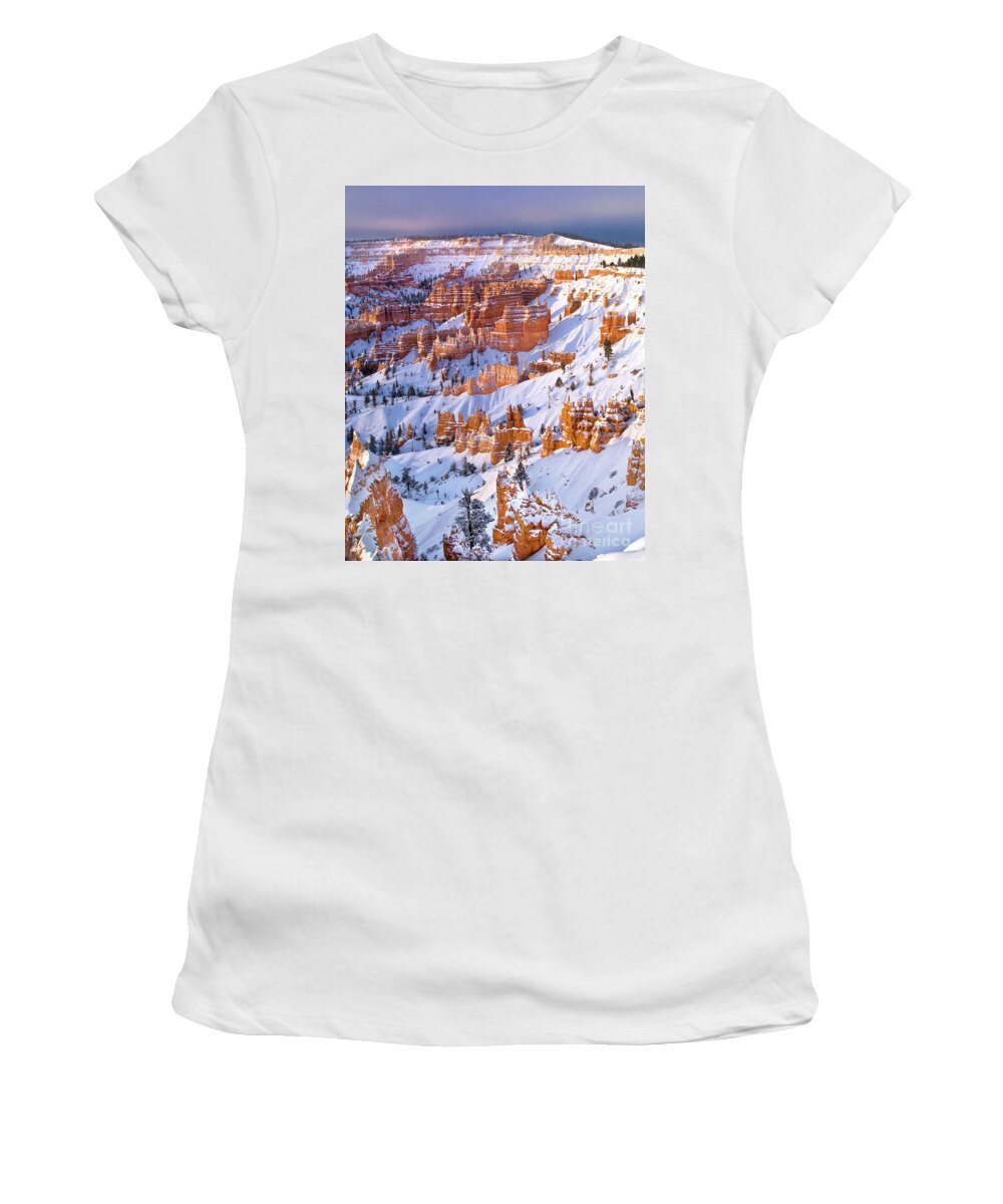 Dave Welling Women's T-Shirt featuring the photograph Winter Snow Covered Hoodoos Bryce Canyon National Park Utah by Dave Welling