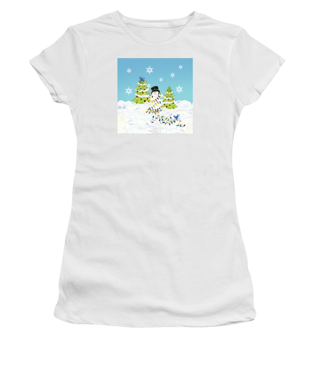 Winter Women's T-Shirt featuring the painting Winter Snowman - All Tangled up in Lights Snowflakes by Audrey Jeanne Roberts