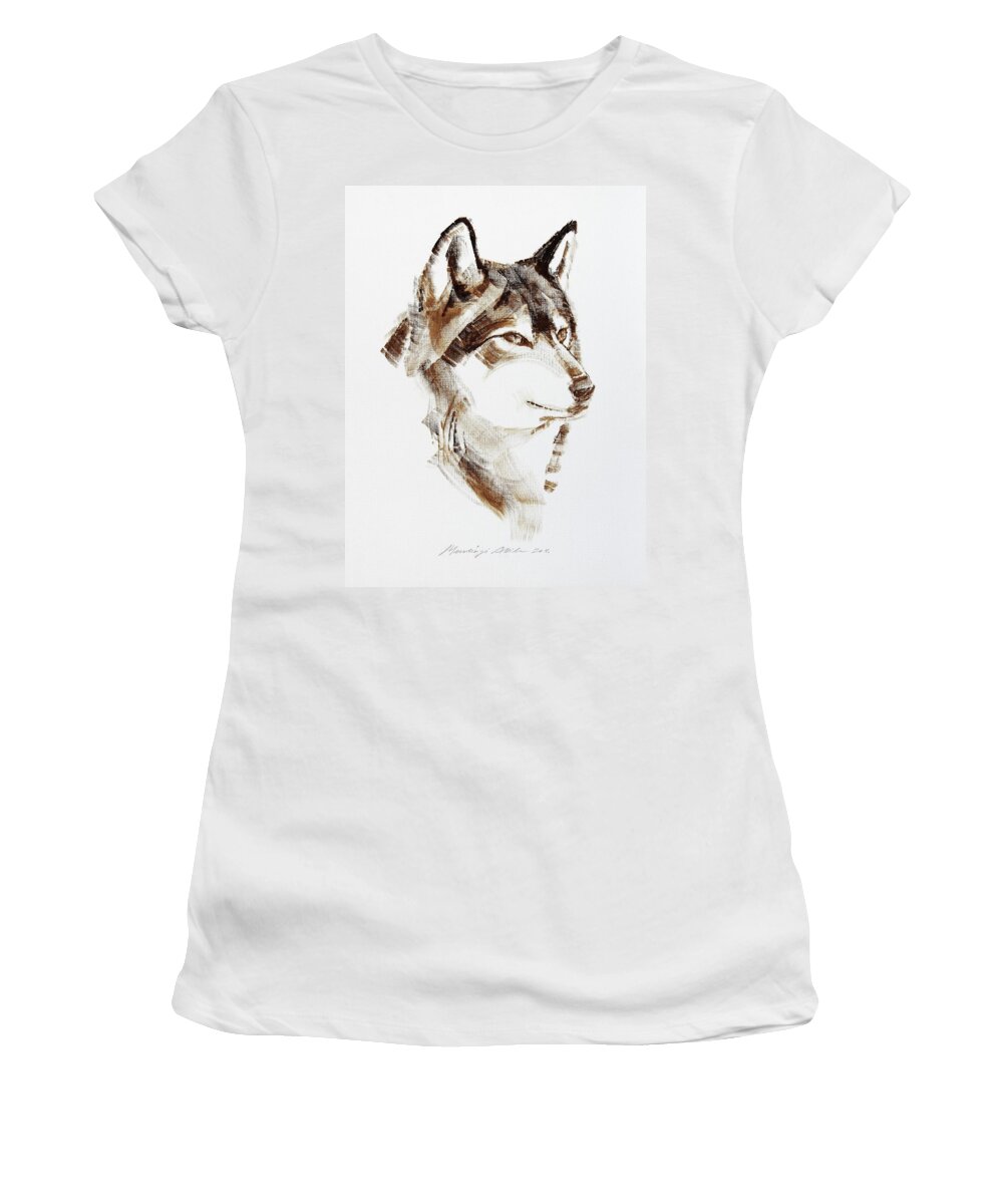 Wolf Women's T-Shirt featuring the painting Wolf Head Brush Drawing by Attila Meszlenyi