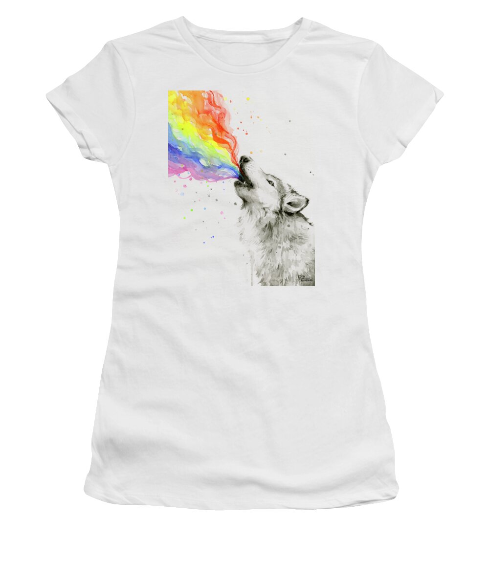 Wolf Rainbow Watercolor Women's T-Shirt by Olga Shvartsur - Pixels