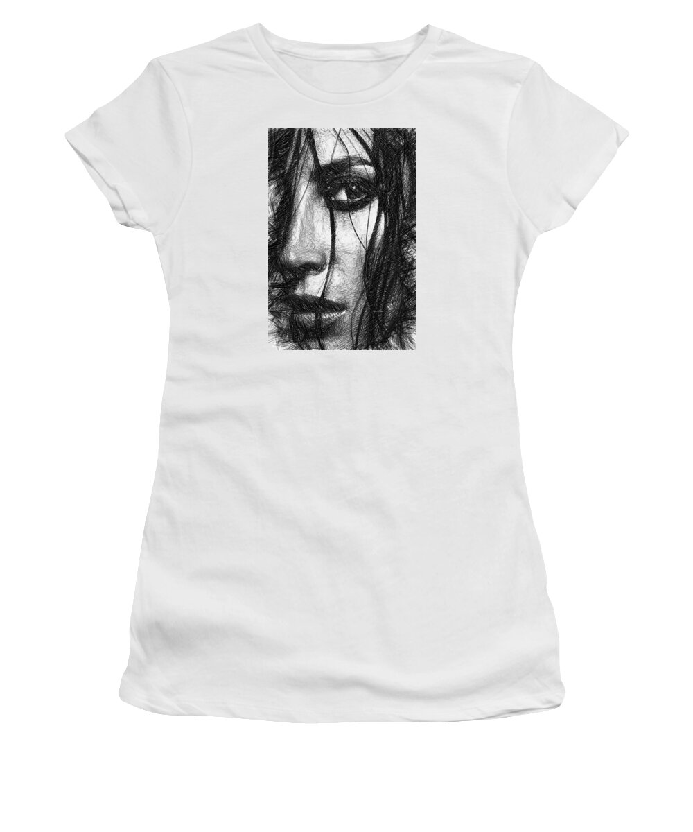 Female Women's T-Shirt featuring the digital art Woman Sketch in Black and White by Rafael Salazar