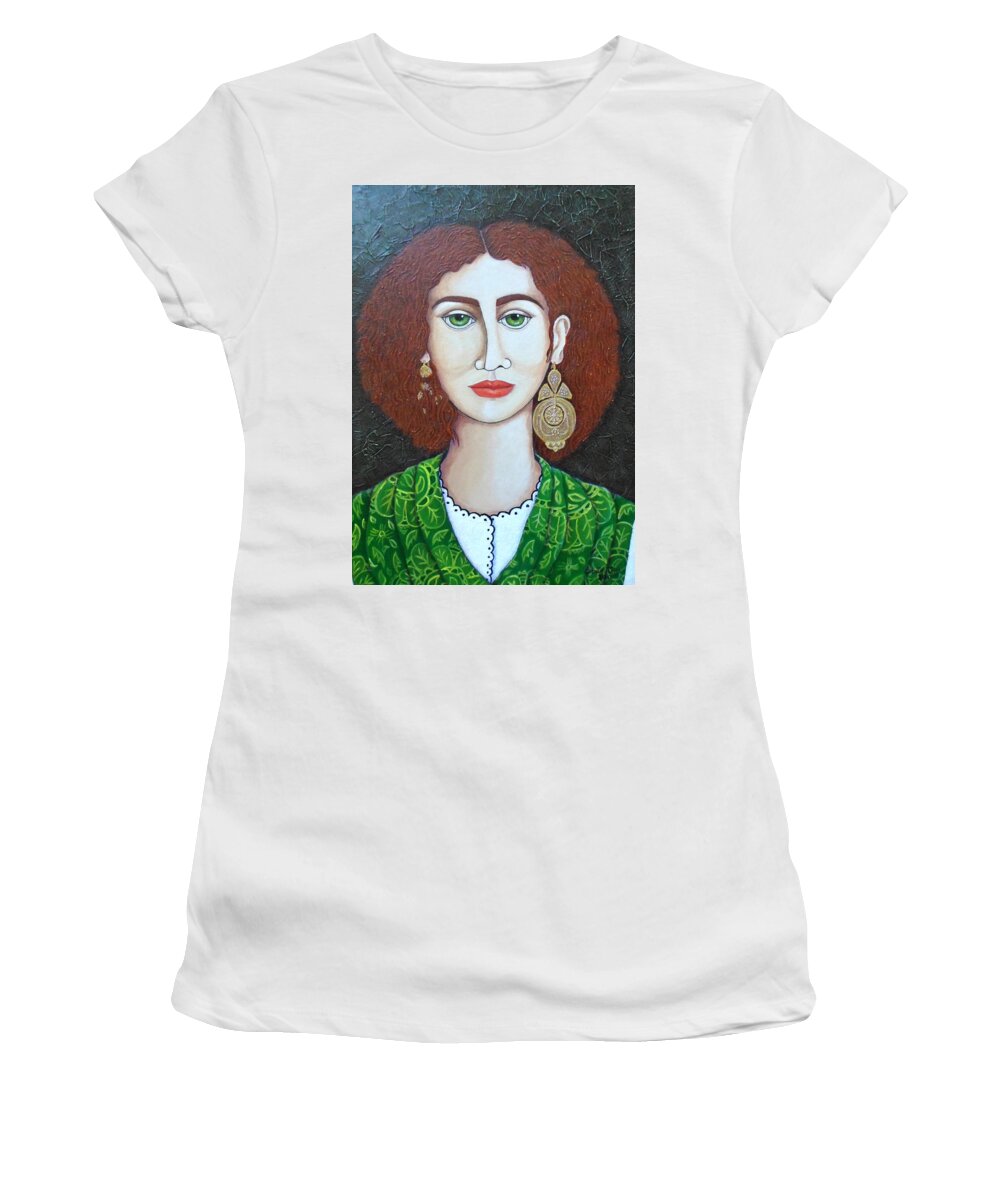 Woman Women's T-Shirt featuring the painting Woman with green eyes by Madalena Lobao-Tello
