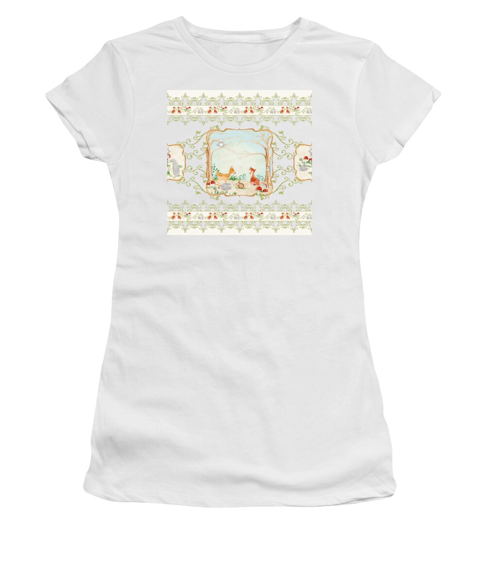 Wood Women's T-Shirt featuring the painting Woodland Fairy Tale - Aqua Blue Forest Gathering of Woodland Animals by Audrey Jeanne Roberts