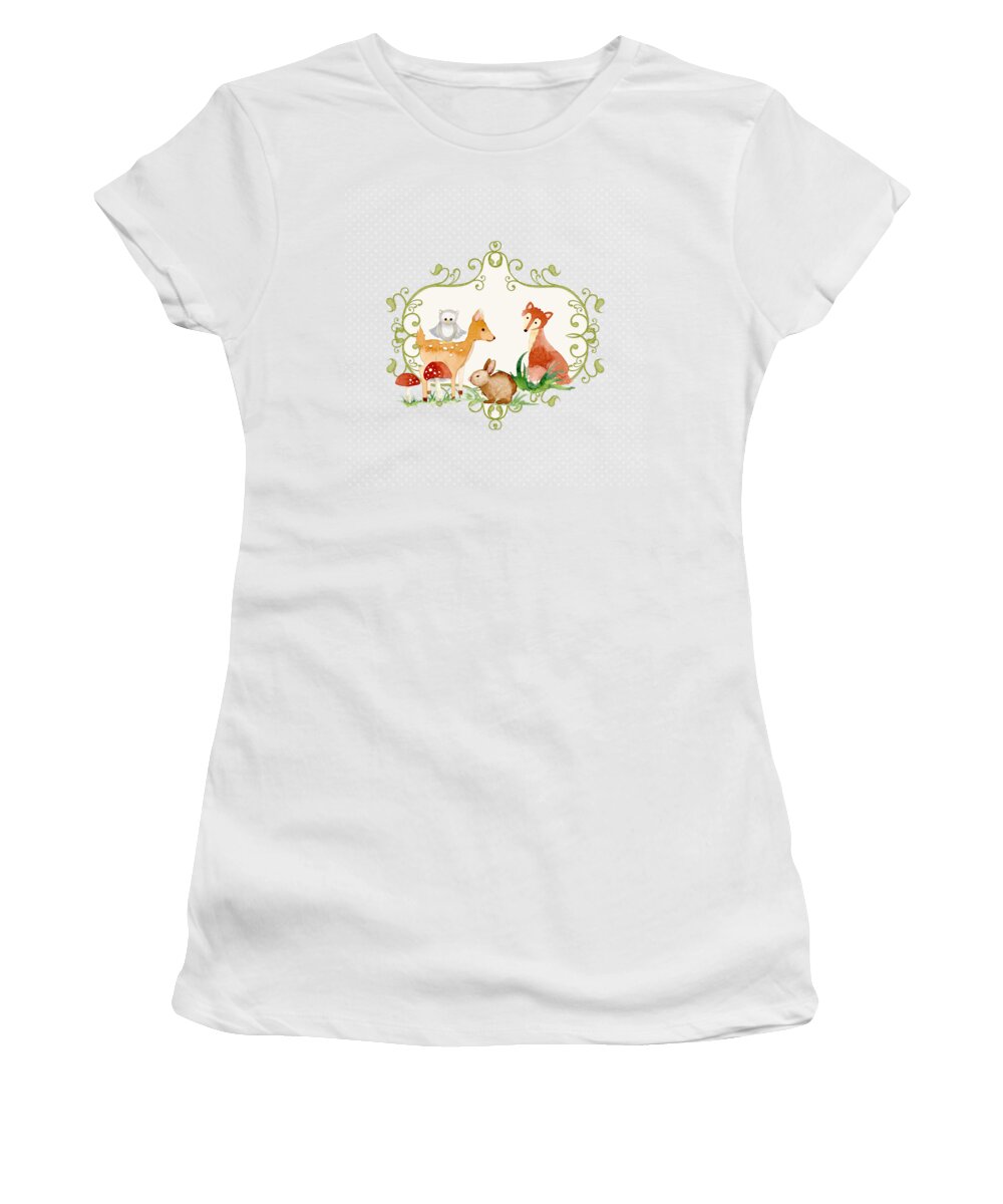 Grey Women's T-Shirt featuring the painting Woodland Fairytale - Grey Animals Deer Owl Fox Bunny n Mushrooms by Audrey Jeanne Roberts