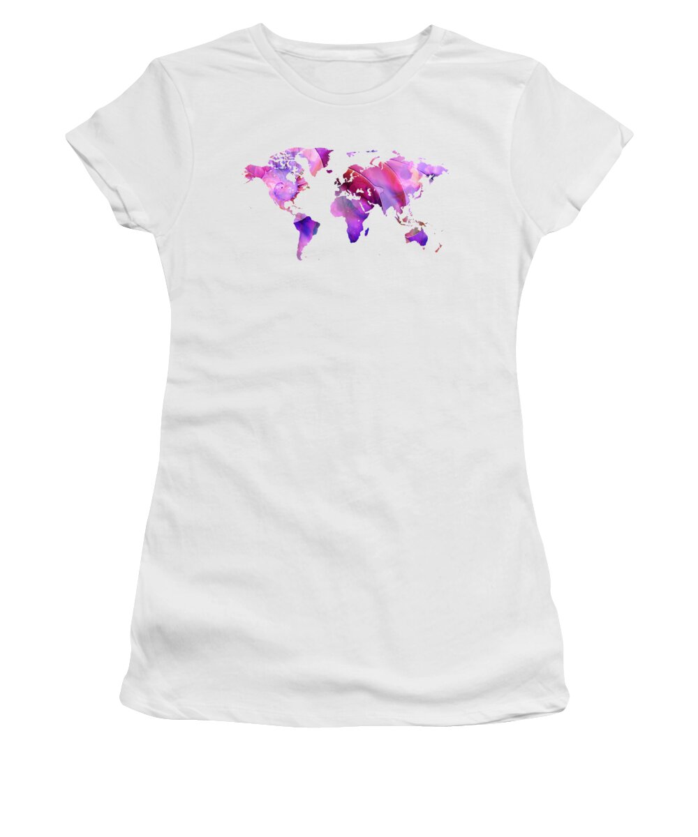 Map Women's T-Shirt featuring the painting World Map 20 Pink and Purple by Sharon Cummings by Sharon Cummings