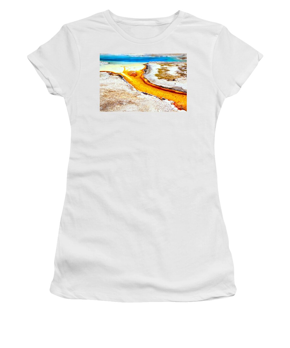 Yellowstone Women's T-Shirt featuring the photograph Yellow Steam From A Bright Blue Pool by Adam Jewell