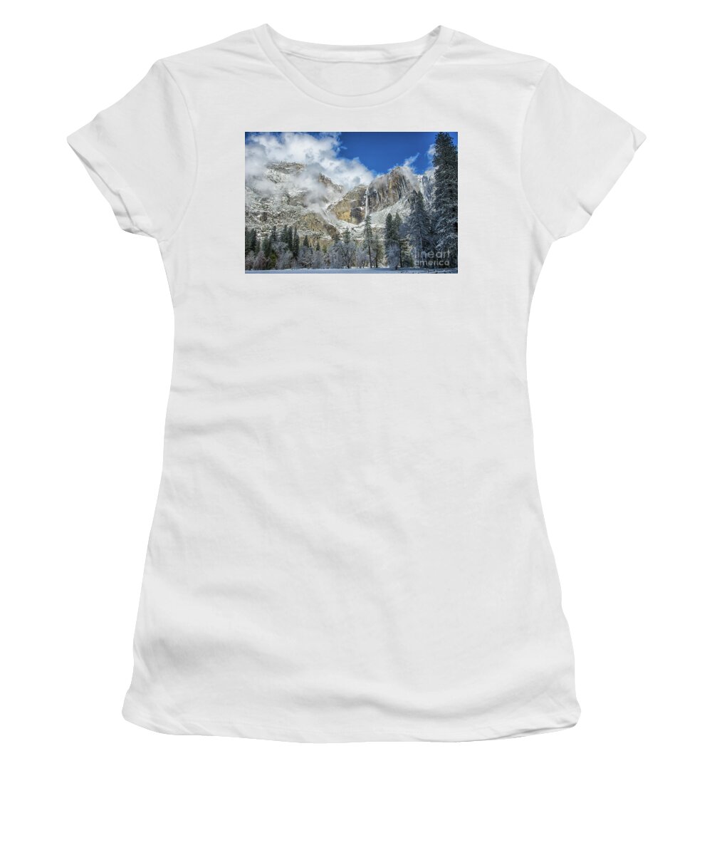 Places Women's T-Shirt featuring the photograph Yosemite Falls Winter Beauty Yosemite National Park by Wayne Moran