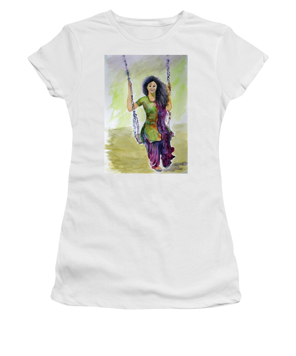 Young Woman On A Swing Women's T-Shirt featuring the painting Young woman on a swing by Uma Krishnamoorthy
