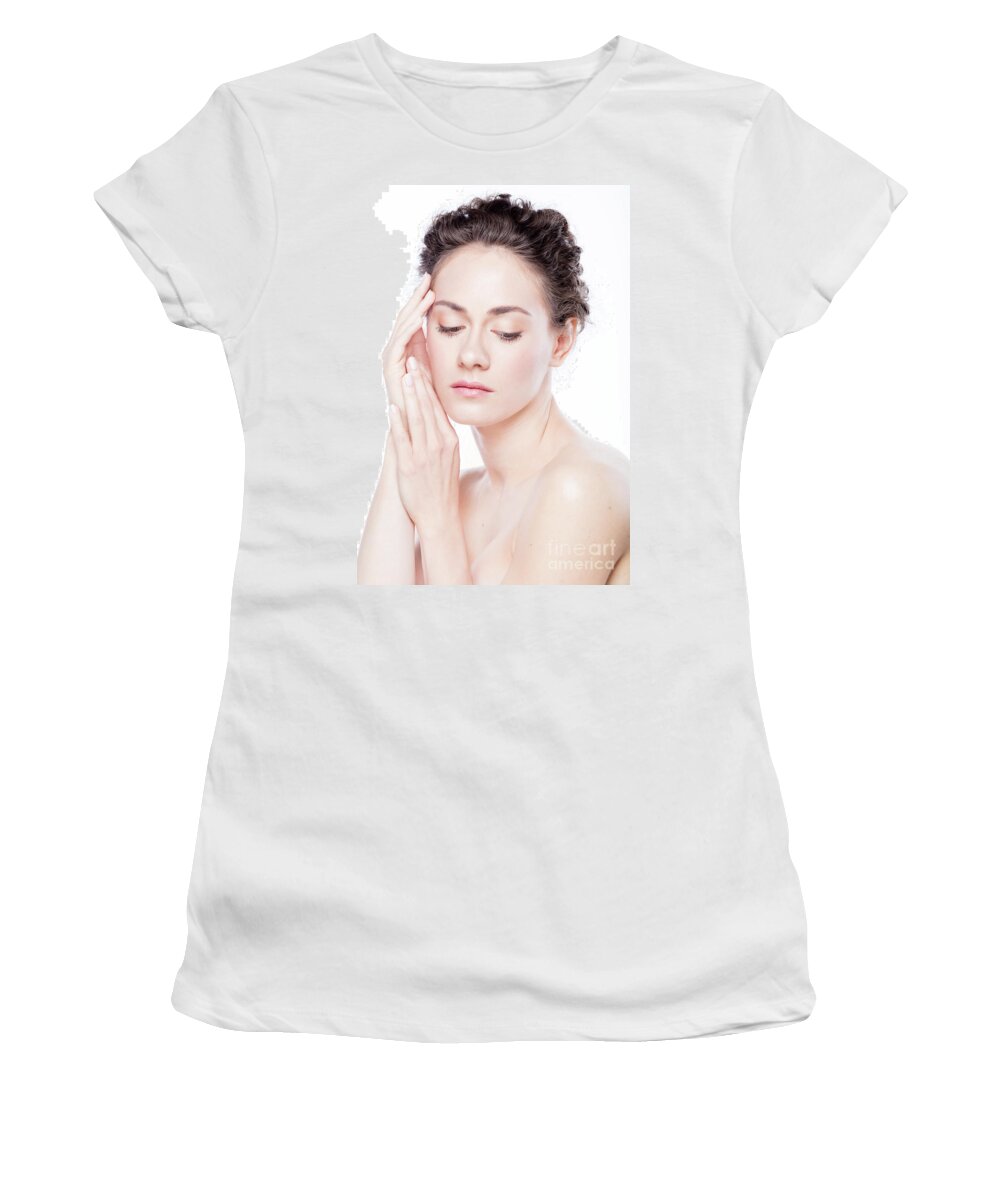 Skincare Women's T-Shirt featuring the photograph Young woman touching her skin. by Michal Bednarek