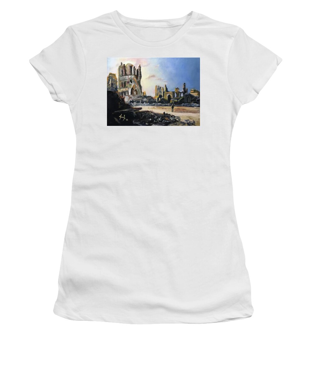 Ww1 Women's T-Shirt featuring the painting Ypres 1917 - Remains of Cloth Hall by Josef Kelly