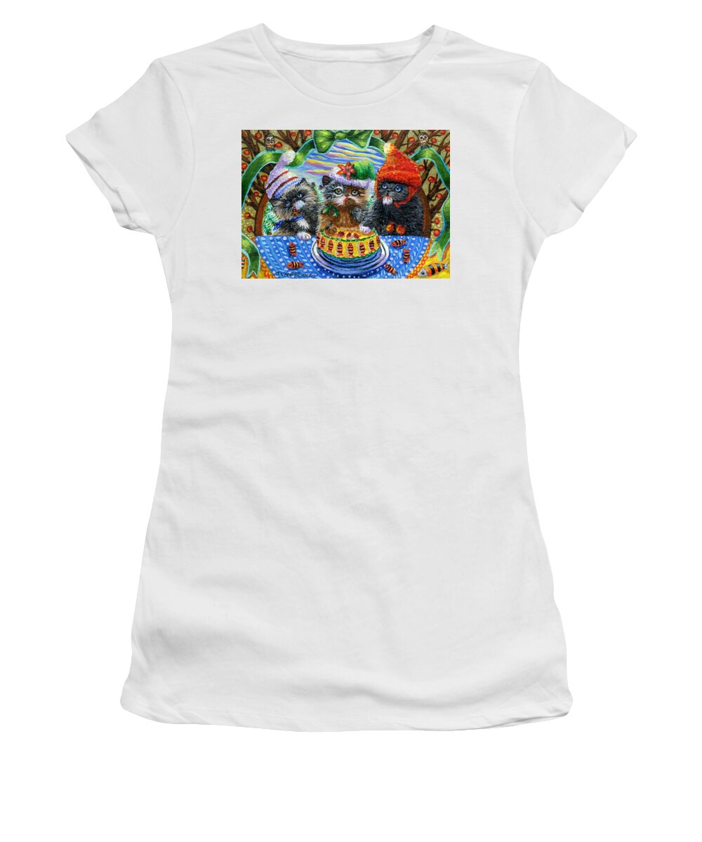 Kittens Black Women's T-Shirt featuring the painting Yummy Fish Cake by Jacquelin L Westerman